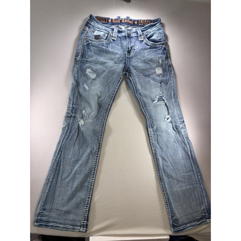 Rock Revival Men's Kenn Slim Boot Cut Jeans Distressed 36X31 Fleur De Lis